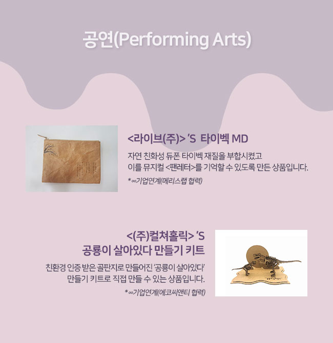 공연(Performing Arts)
라이브(주)의  타이벡 MD: 자연 친화성 듀폰 타이벡 재질을 부합시켰고 이를 뮤지컬 <팬레터>를 기억할 수 있도록 만든 상품입니다
(주)컬쳐홀릭의 공룡이 살아있다 만들기 키트: 친환경 인증 받은 골판지로 만들어진 ‘공룡이 살아있다’ 만들기 키트로 직접 만들 수 있는 상품입니다.
