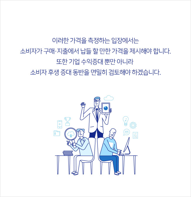 이러한 가격을 측정하는 입장에서는 소비자가 구매·지출에서 납들 할 만한 가격을 제시해야 합니다. 또한 기업 수익증대 뿐만 아니라 소비자 후생 증대 동반을 면밀히 검토해야 하겠습니다.