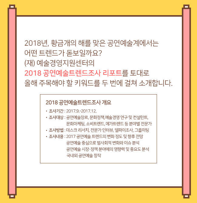 2018년, 황금개의 해를 맞은 공연예술계에서는 어떤 트렌드가 돋보일까요?(재)예술경영지원센터의 2018 공연예술트렌드조사 리포트를 토대로 올해 주목해야 할 키워드를 두 번에 걸쳐 소개합니다. 2018 공연예술트렌드조사 개요 조사기간 : 2017.9.-2017.12.조사대상 : 연극, 뮤지컬 등 공연예술장르, 문화정책, 예술경영 연구 및 컨설턴트, 문화마케팅, 소비트렌드, 메가트렌드 등 분야별 전문가(총 24인)조사방법 : 데스크 리서치, 전문가 인터뷰, 델파이조사, 그룹미팅조사내용 : 2017 공연예술 트렌드의 변화 정도 및 향후 전망 공연예술 중심으로 범사회적 변화와 이슈 분석 공연예술 시장‧정책 분야에의 영향력 및 중요도 분석 국내외 공연예술 창작