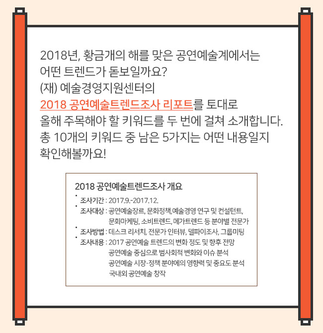 2018년, 황금개의 해를 맞은 공연예술계에서는 어떤 트렌드가 돋보일까요?(재)예술경영지원센터의 2018 공연예술트렌드조사 리포트를 토대로 올해 주목해야 할 키워드를 두 번에 걸쳐 소개합니다. 2018 공연예술트렌드조사 개요 조사기간 : 2017.9.-2017.12.조사대상 : 연극, 뮤지컬 등 공연예술장르, 문화정책, 예술경영 연구 및 컨설턴트, 문화마케팅, 소비트렌드, 메가트렌드 등 분야별 전문가(총 24인)조사방법 : 데스크 리서치, 전문가 인터뷰, 델파이조사, 그룹미팅조사내용 : 2017 공연예술 트렌드의 변화 정도 및 향후 전망 공연예술 중심으로 범사회적 변화와 이슈 분석 공연예술 시장‧정책 분야에의 영향력 및 중요도 분석 국내외 공연예술 창작