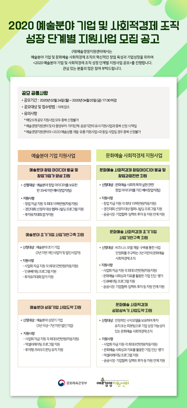 [예술경영지원센터]2020 예술분야 기업 및 사회적경제 조직성장
	단계별 지원사업 모집 공고 